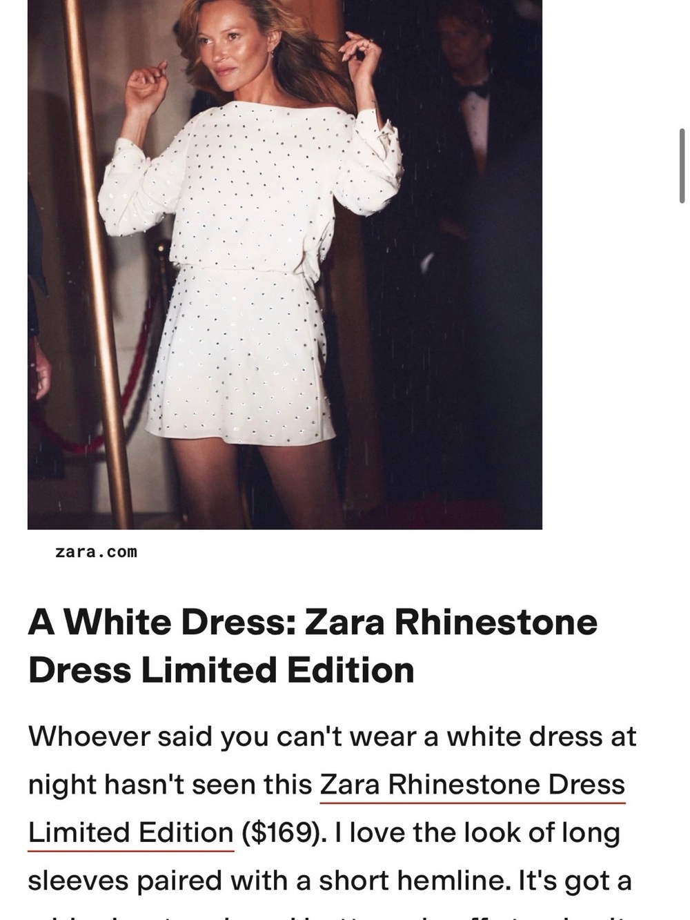 Kate Moss Limited edition Zara White Rhinestone Long-Sleeve Mini Dress